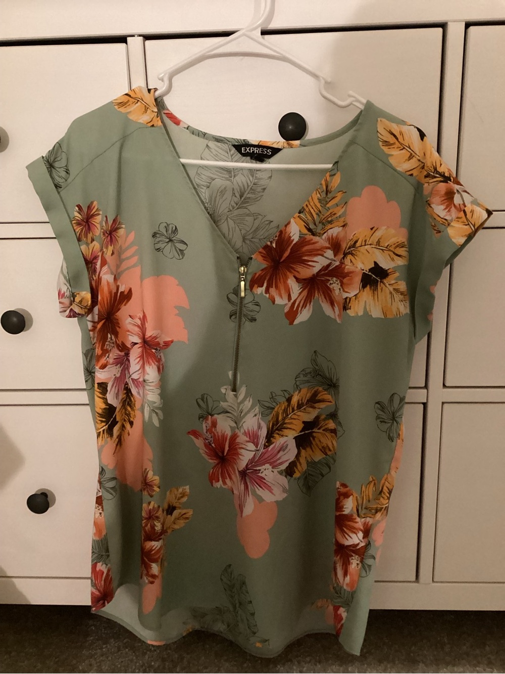 Express Sage Green Floral Zip-Front Blouse